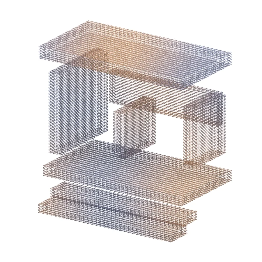 An abstract architectural pavilion formed from copper and blue points