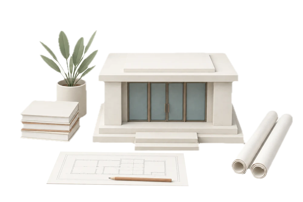 An architectural studio still life with a miniature model, drawings, books and a plant